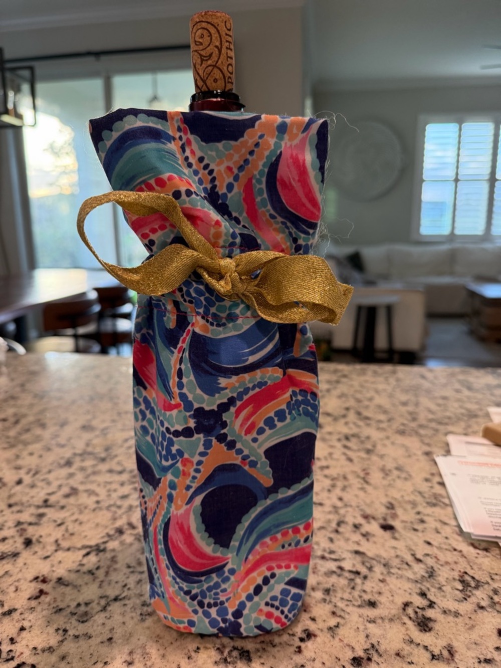 Lilly Pulitzer Multicolor Swirl Wine Gift Bag with Gold Ribbon